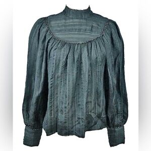 Ulla Johnson Edda Blouse Slate Gray Blue‎ Size 8 Mock Neck Long Sleeve Metallic